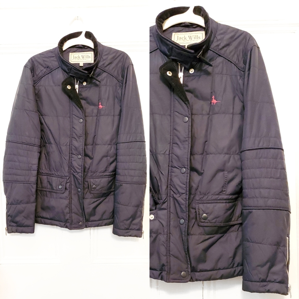 Navy light jacket with zipper, snaps, and belt